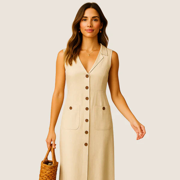 Oxel Wear Eva Midi Dress – Elegant V-Neck with Buttons and Pockets