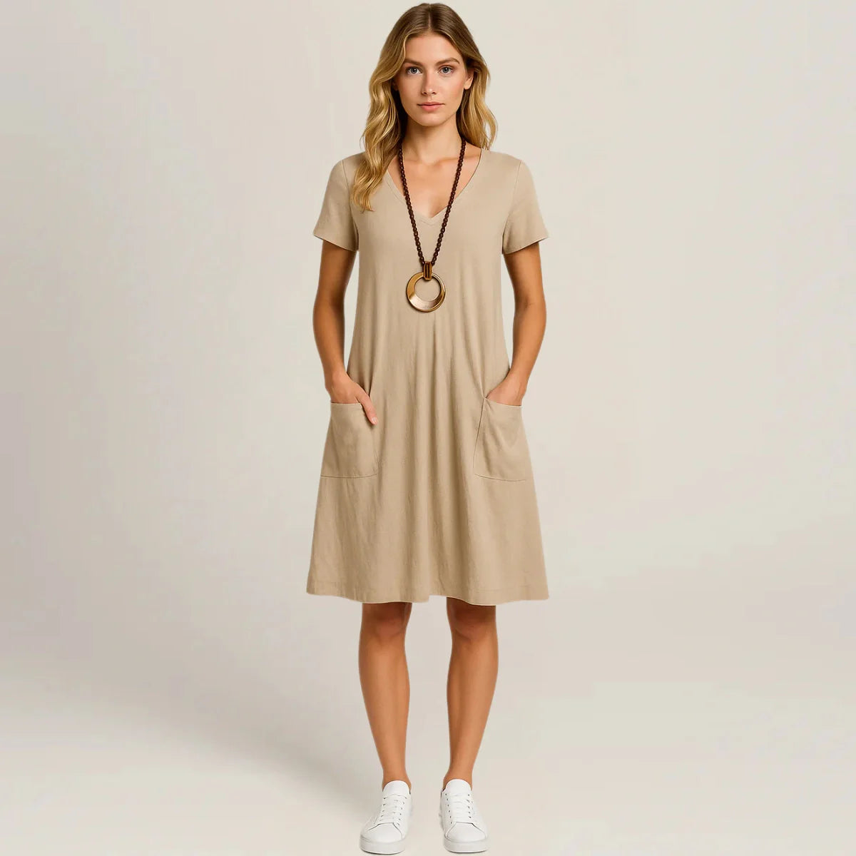 Lavinia Midi Dress – Round Neck, Front Pockets & Short Sleeves