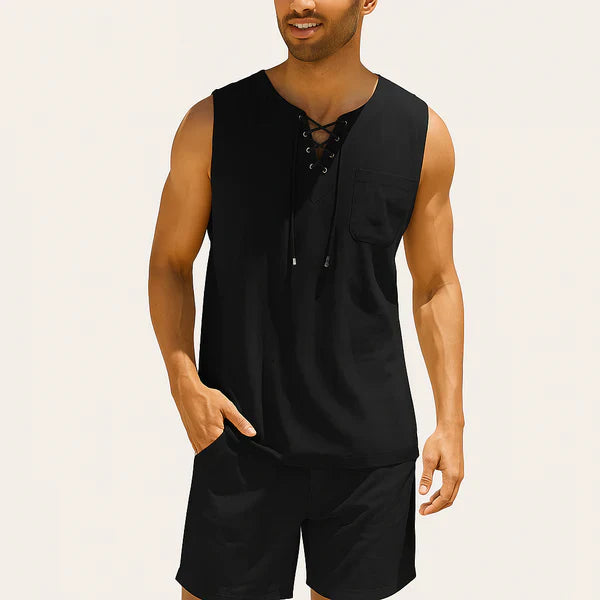Oxel Wear Sleeveless Linen & Cotton Shirt – Retro Style with Lace-up Detail