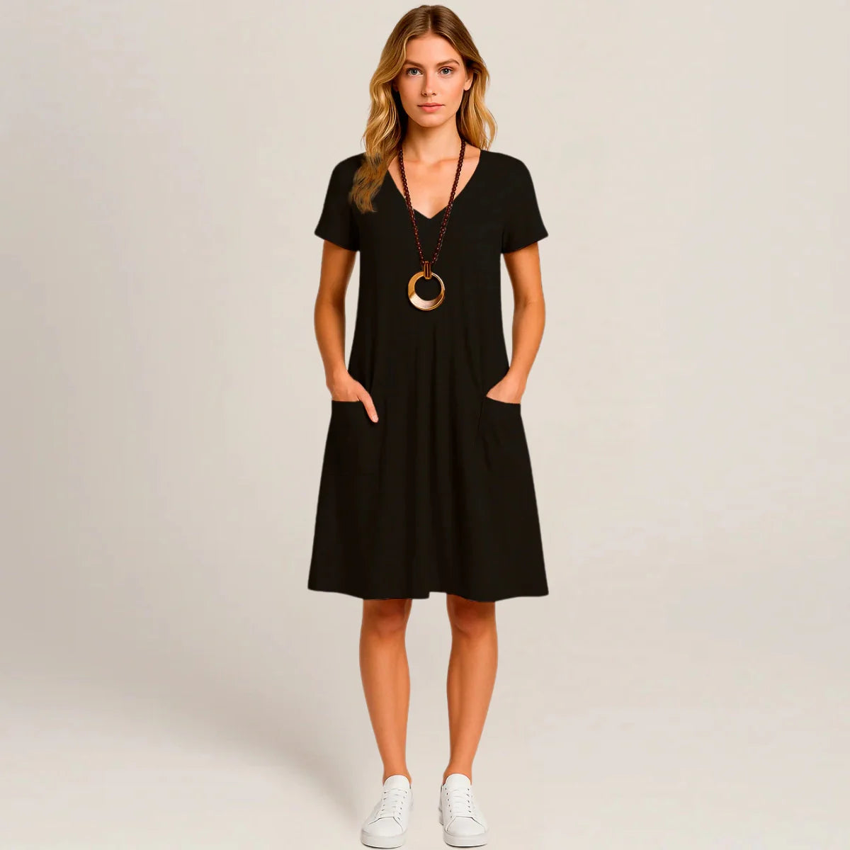Lavinia Midi Dress – Round Neck, Front Pockets & Short Sleeves