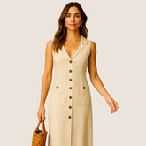 Oxel Wear Eva Midi Dress – Elegant V-Neck with Buttons and Pockets