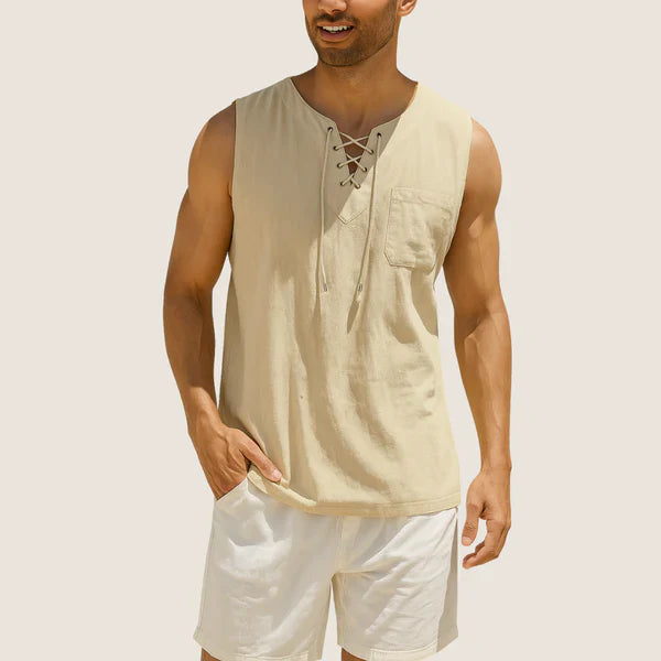 Oxel Wear Sleeveless Linen & Cotton Shirt – Retro Style with Lace-up Detail