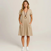 Lavinia Midi Dress – Round Neck, Front Pockets & Short Sleeves