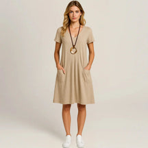 Lavinia Midi Dress – Round Neck, Front Pockets & Short Sleeves