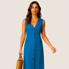 Oxel Wear Eva Midi Dress – Elegant V-Neck with Buttons and Pockets
