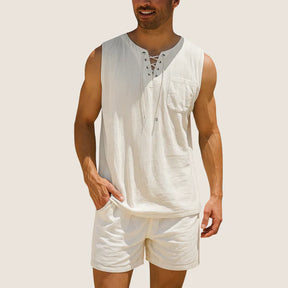 Oxel Wear Sleeveless Linen & Cotton Shirt – Retro Style with Lace-up Detail