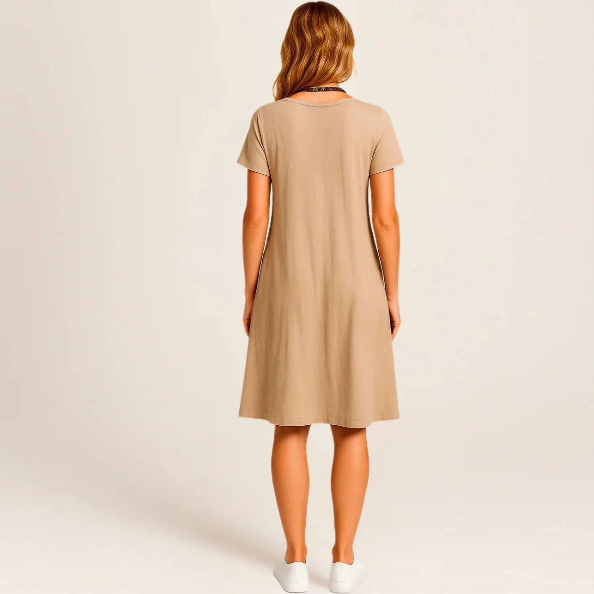 Lavinia Midi Dress – Round Neck, Front Pockets & Short Sleeves