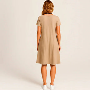 Lavinia Midi Dress – Round Neck, Front Pockets & Short Sleeves