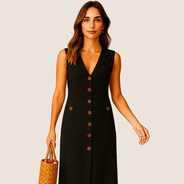 Oxel Wear Eva Midi Dress – Elegant V-Neck with Buttons and Pockets