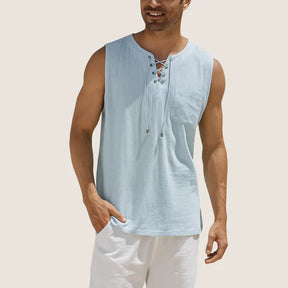 Oxel Wear Sleeveless Linen & Cotton Shirt – Retro Style with Lace-up Detail
