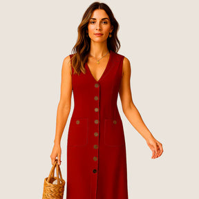 Oxel Wear Eva Midi Dress – Elegant V-Neck with Buttons and Pockets