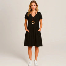 Lavinia Midi Dress – Round Neck, Front Pockets & Short Sleeves
