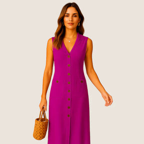 Oxel Wear Eva Midi Dress – Elegant V-Neck with Buttons and Pockets