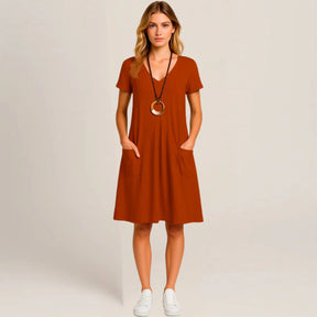 Lavinia Midi Dress – Round Neck, Front Pockets & Short Sleeves