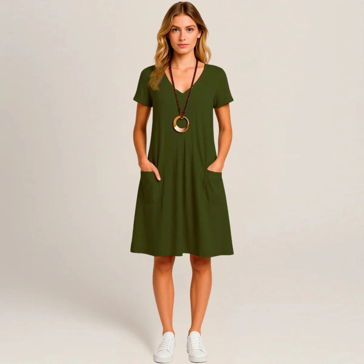 Lavinia Midi Dress – Round Neck, Front Pockets & Short Sleeves