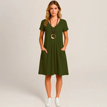 Lavinia Midi Dress – Round Neck, Front Pockets & Short Sleeves