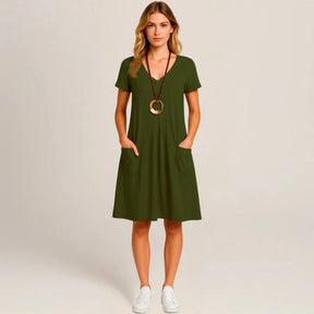 Lavinia Midi Dress – Round Neck, Front Pockets & Short Sleeves